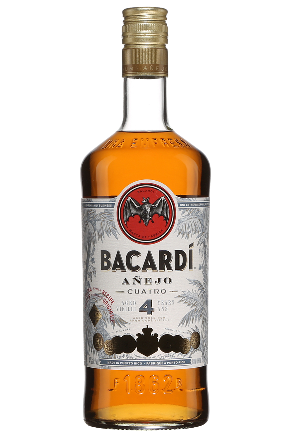 Bacardi Anejo Cuatro Aged Gold Rum, Gluten Free 40% 75 Cl/750 Ml