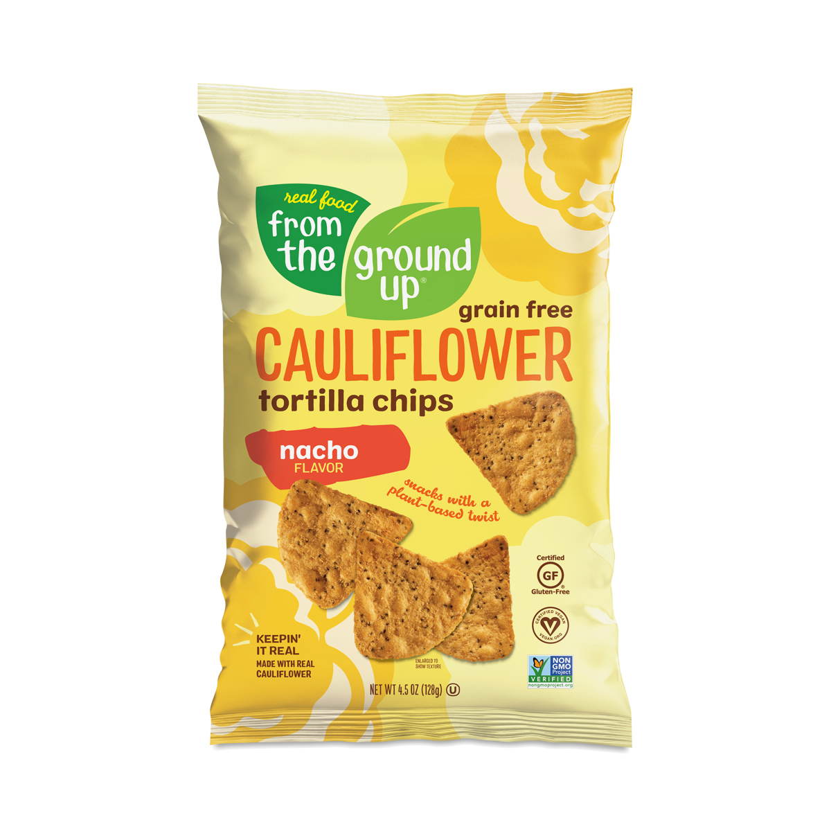 From The Ground Up Tortilla Chips, Cauliflower, Grain Free, Nacho Flavor 4.5 Oz