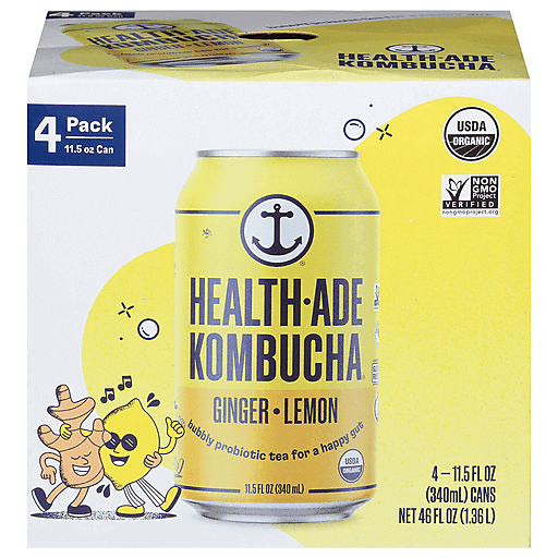 Health-Ade Organic Ginger Lemon Kombucha 4 Pack Cans, 46 FZ