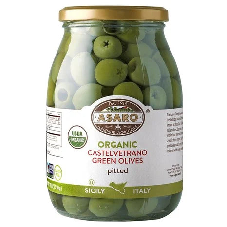 Asaro Organic Pitted Castelvetrano Green Olives Jar, 19 Oz