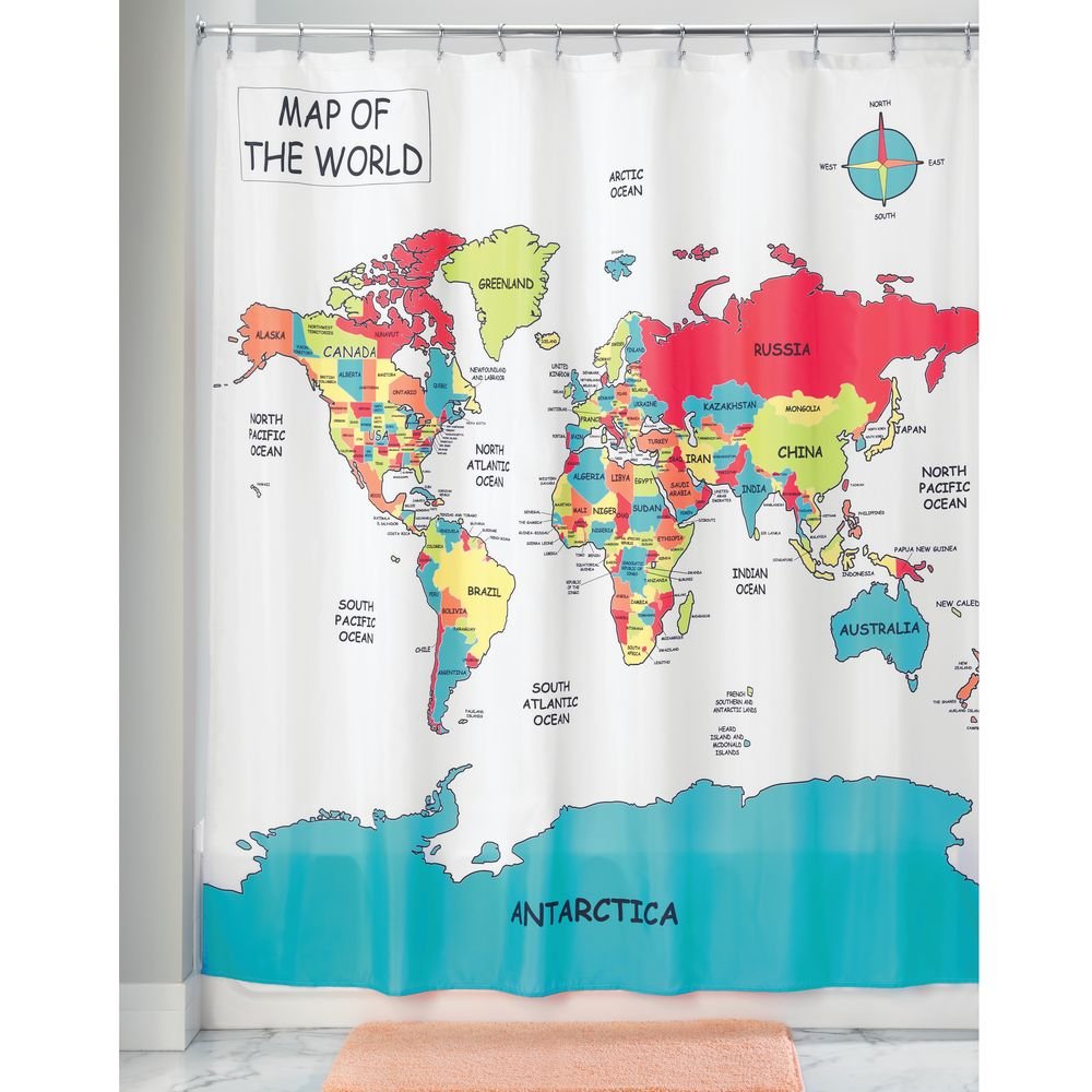 InterDesign 71420 World Map Shower Curtain, Multicolored