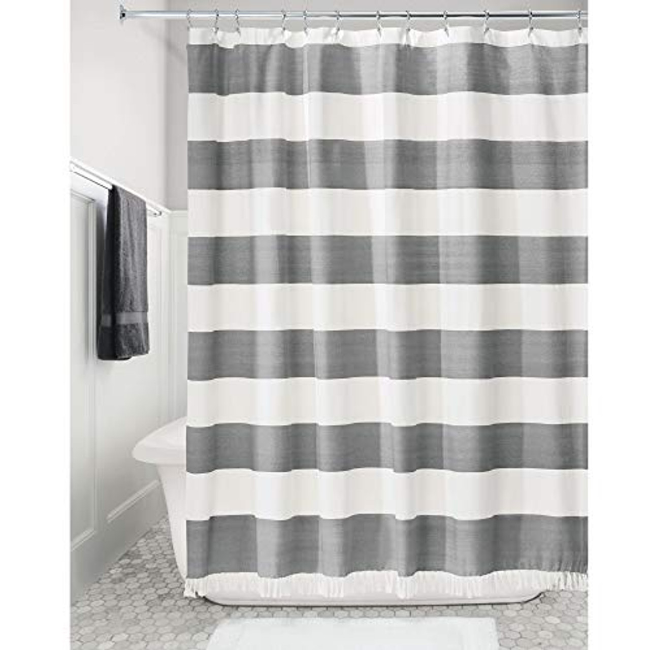 iDesign Wide Stripe Fabric Shower Curtain With Tassels Fringe For Master Guest Kids Bathrooms Bathtubs Stalls Charcoal