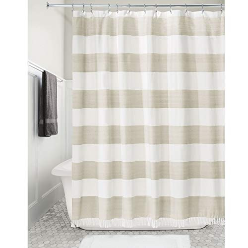 iDesign Wide Stripe Fabric Shower Curtain With Tassels Fringe For Master Guest Kids Bathrooms Bathtubs Stalls Linen