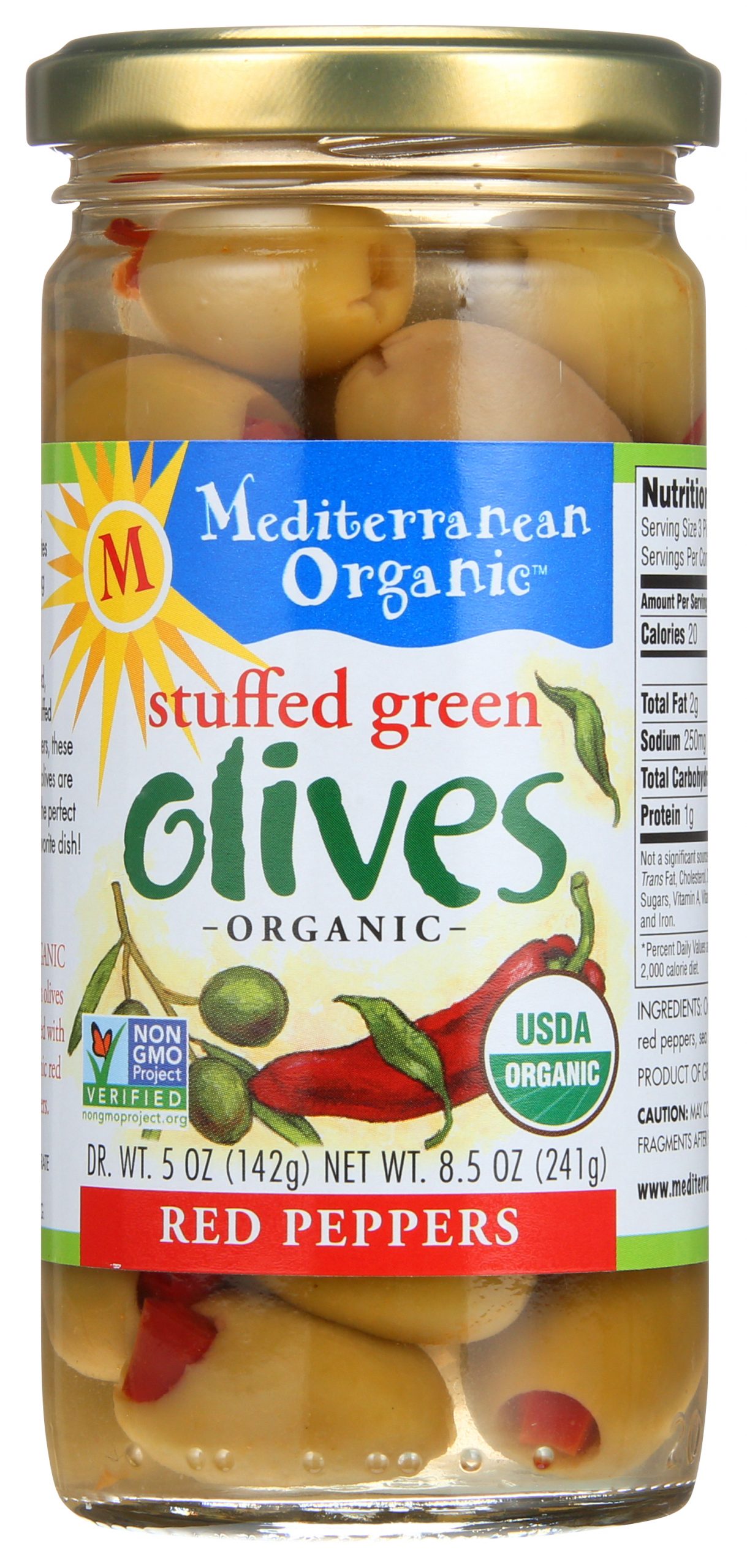 Mediterranean Organic Green, Red Pepper Stuffed Olives - 8.5 Oz