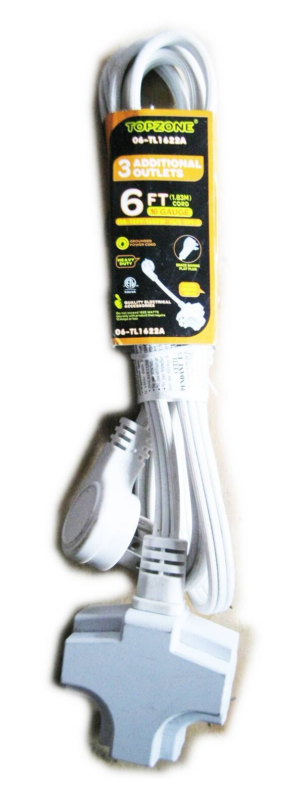 Topzone 6 Ft Power Extension Cord W/ 1 Right Angle 3 Additional T-shape Outlets 16 Gauge