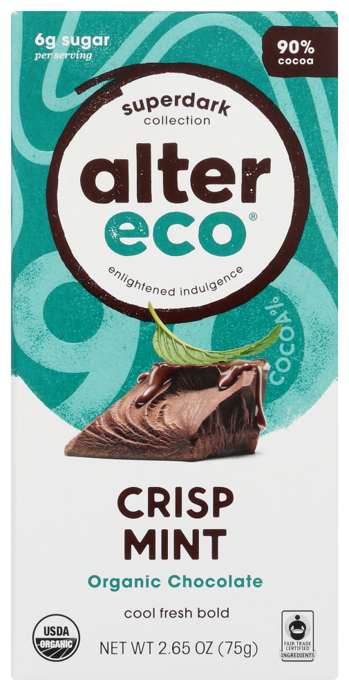 Alter Eco Superdark Collection 90% Cocoa Organic Crisp Mint Chocolate 2.65 Oz