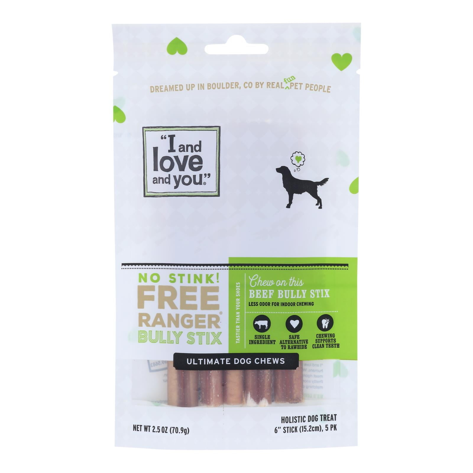 I And Love And You Dog Chews – No Stink Free Ranger Bully Stix – Beef – 5 Count – Case Of 6