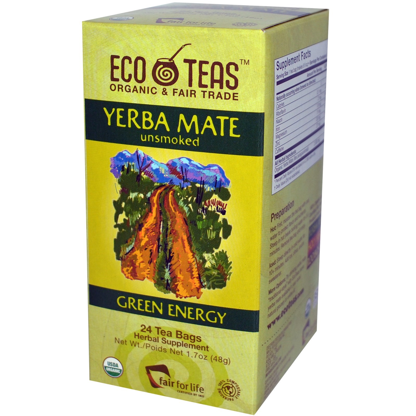 Eco Teas Organic Yerba Mate Unsmoked Green Energy Tea - Case Of 6/24 Bags