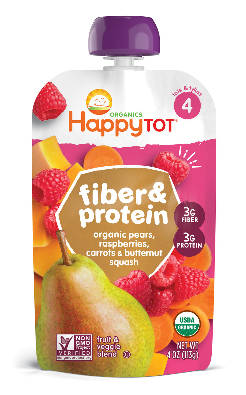 HappyTot Organics Fiber & Protein Fruit & Veggie Blend, Organic Pears, Raspberries, Carrots & Butternut Squash, Tots & Tykes 4