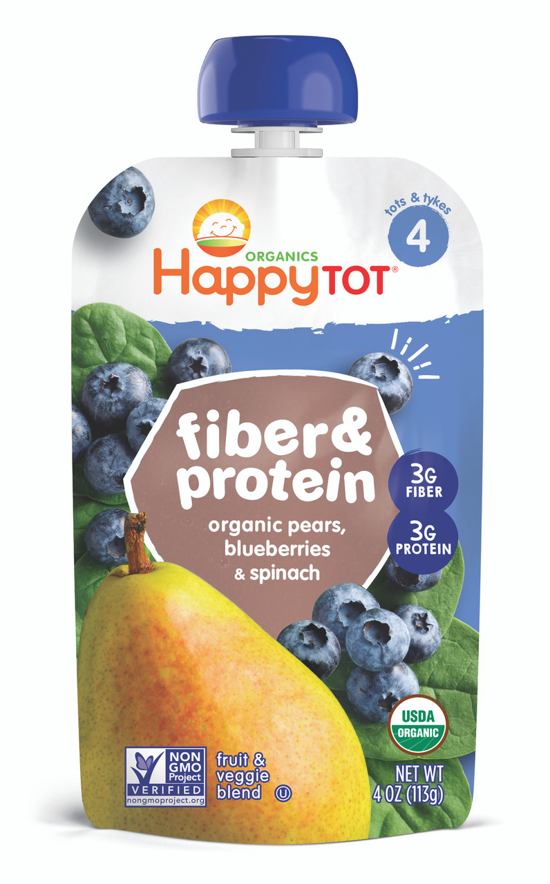 HappyTot Fruit & Veggie Blend, Fiber & Protein, Organic Pears, Blueberries & Spinach, 4 (2+ Years) 4 Oz