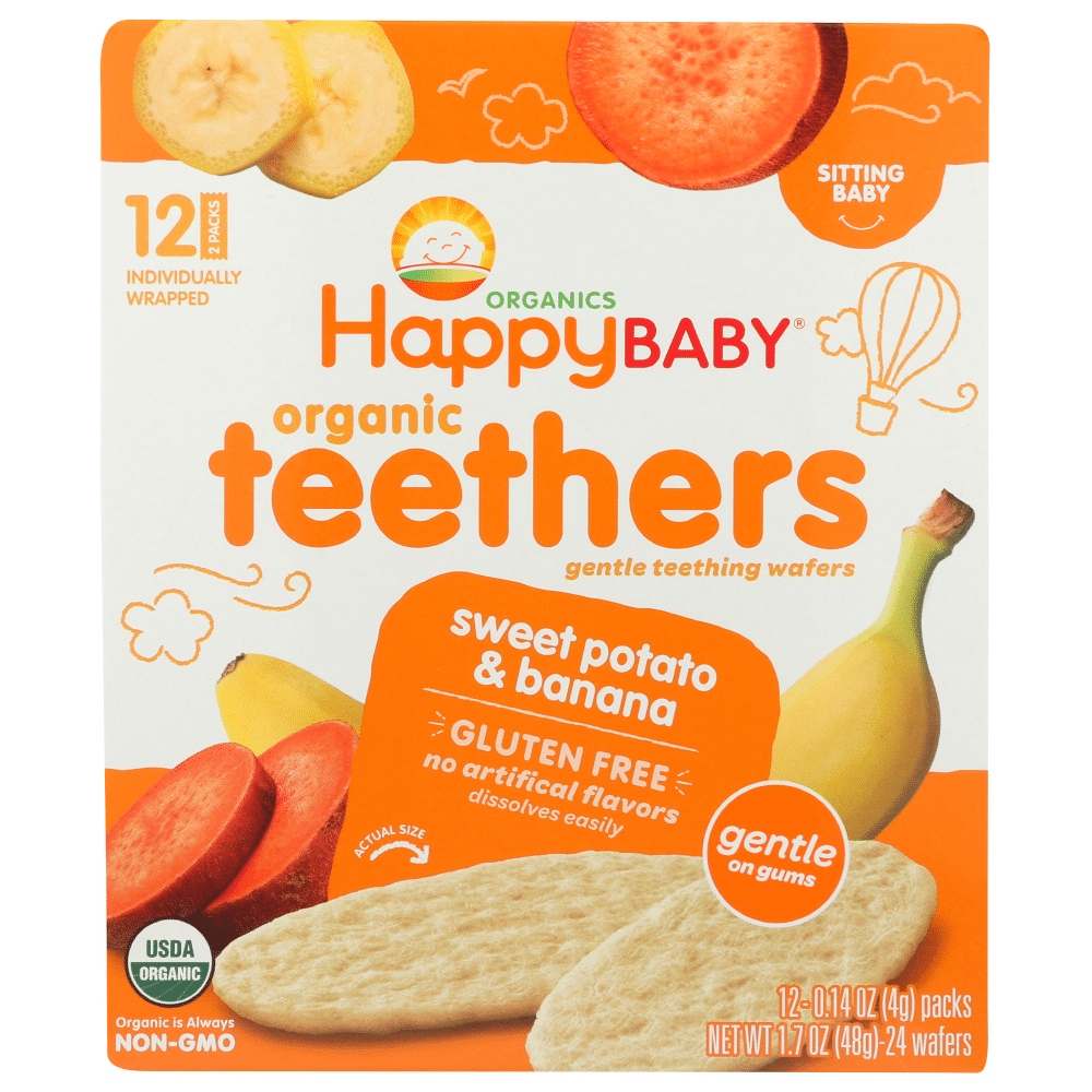 Happy Baby Family Organics, Organic Teethers, Gentle Teething Wafers, Sitting Sweet Potato & Banana, 12 Packs, 0.14 Oz (4 G) Each