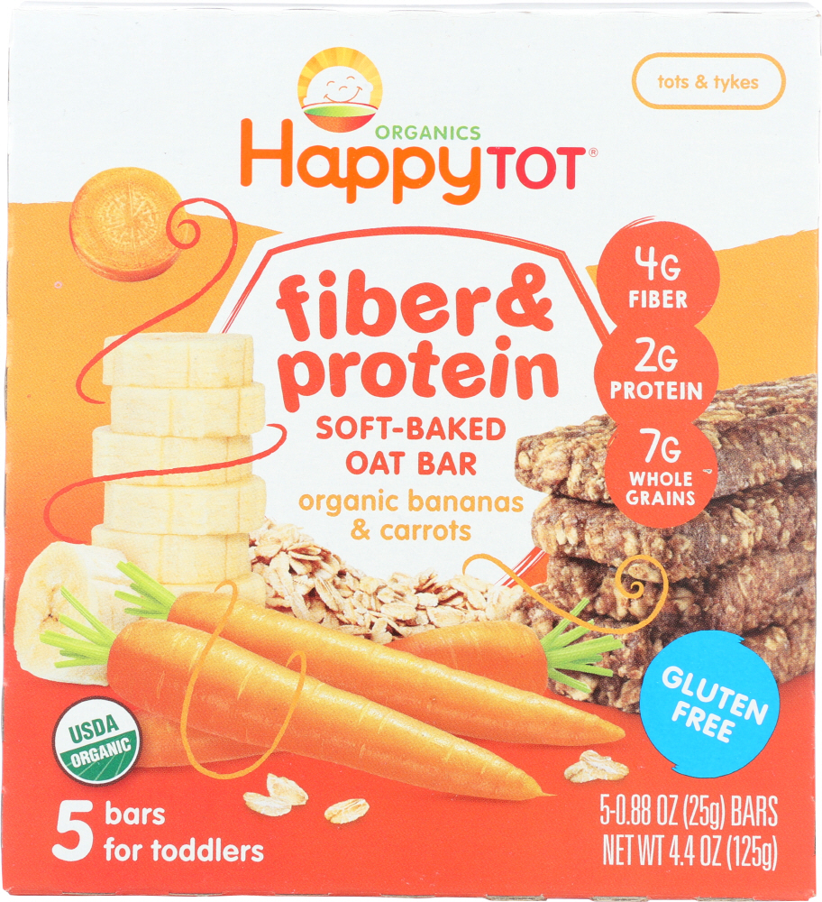 HappyTot Family Organics, Fiber & Protein Gluten Free Oat Bar, Organic Bananas & Carrots, 5 Bars, 0.88 Oz (25 G) Each