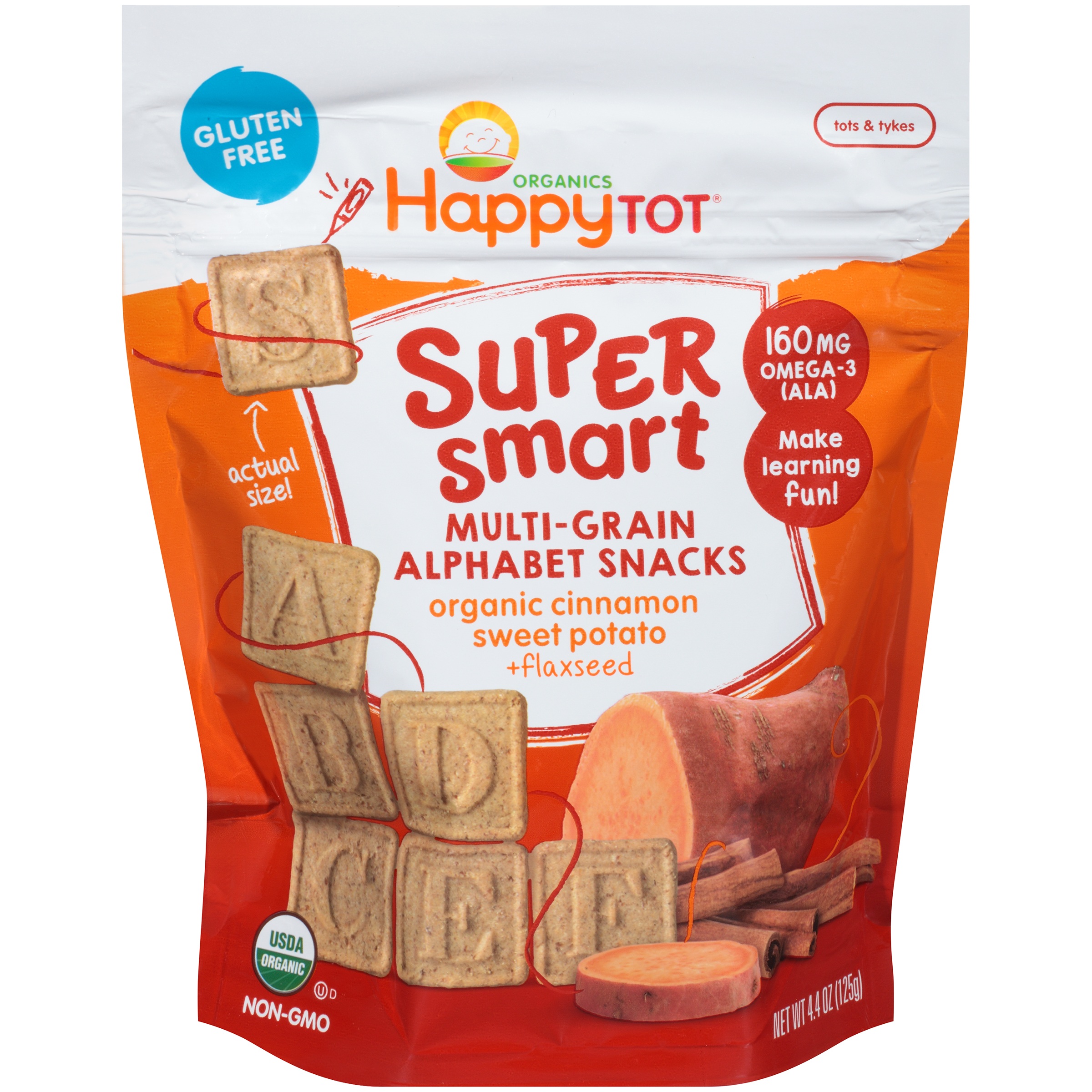 Happy Tot Organics Super Smart Alphabet Snacks, Multi-Grain, Organic Cinnamon Sweet Potato, Tots & Tykes