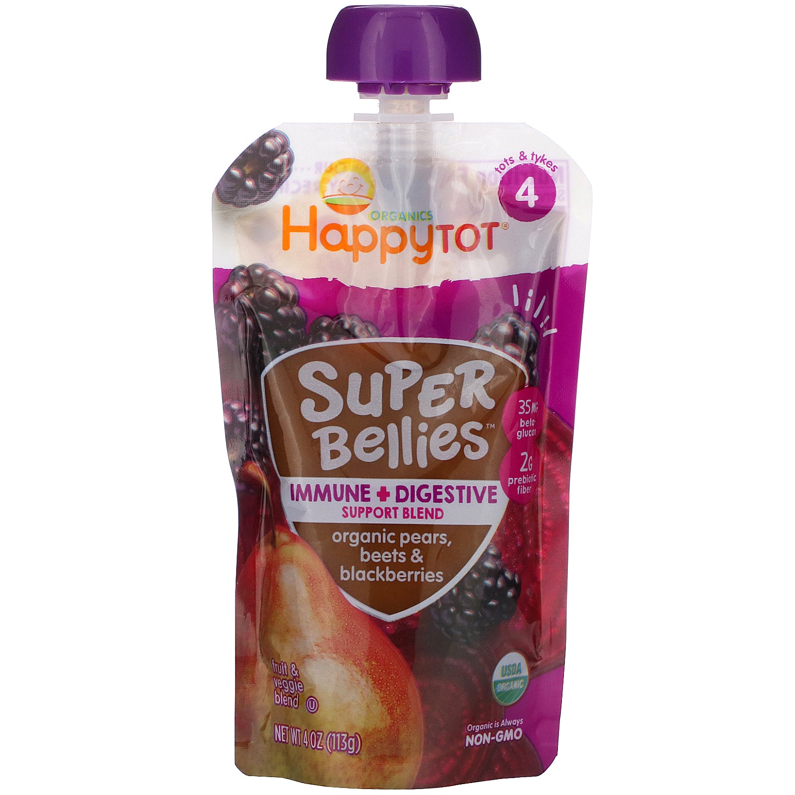 HappyTot Organics Super Bellies 4 (Tots & Tykes) Organic Pears, Beets & Blackberries Fruit & Veggie Blend 4 Oz