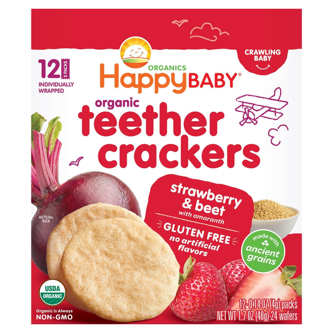 Happy Baby Organic Teether Crackers, Strawberry & Beet With Amaranth, 12 Packs, 0.14 Oz (4 G) Each