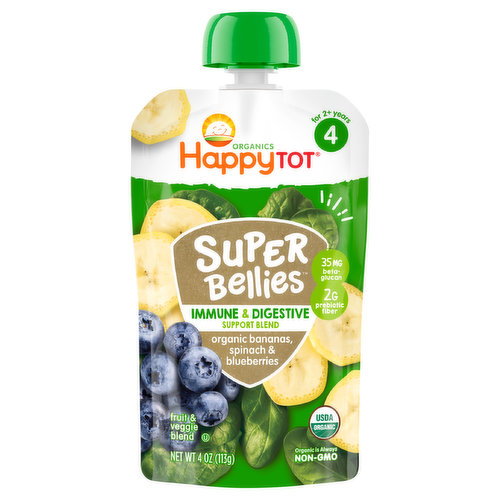 HappyTot Super Bellies 4 (Tots & Tykes) Organic Bananas, Spinach & Blueberries Fruit & Veggie Blend 4 Oz