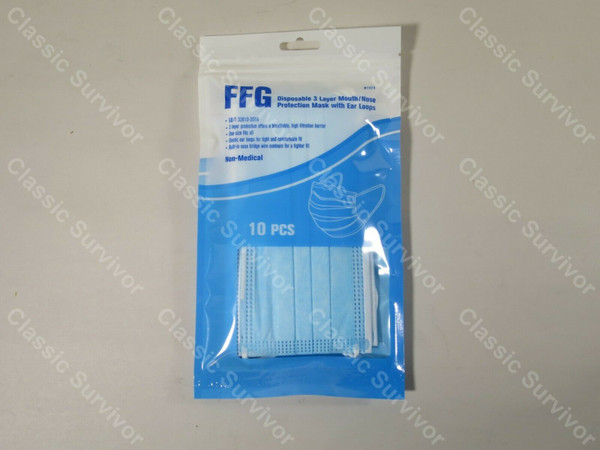FFG Disposable 3 Layer Mouth Nose Protection Mask W/ Ear Loops 10ct. Factory Sea