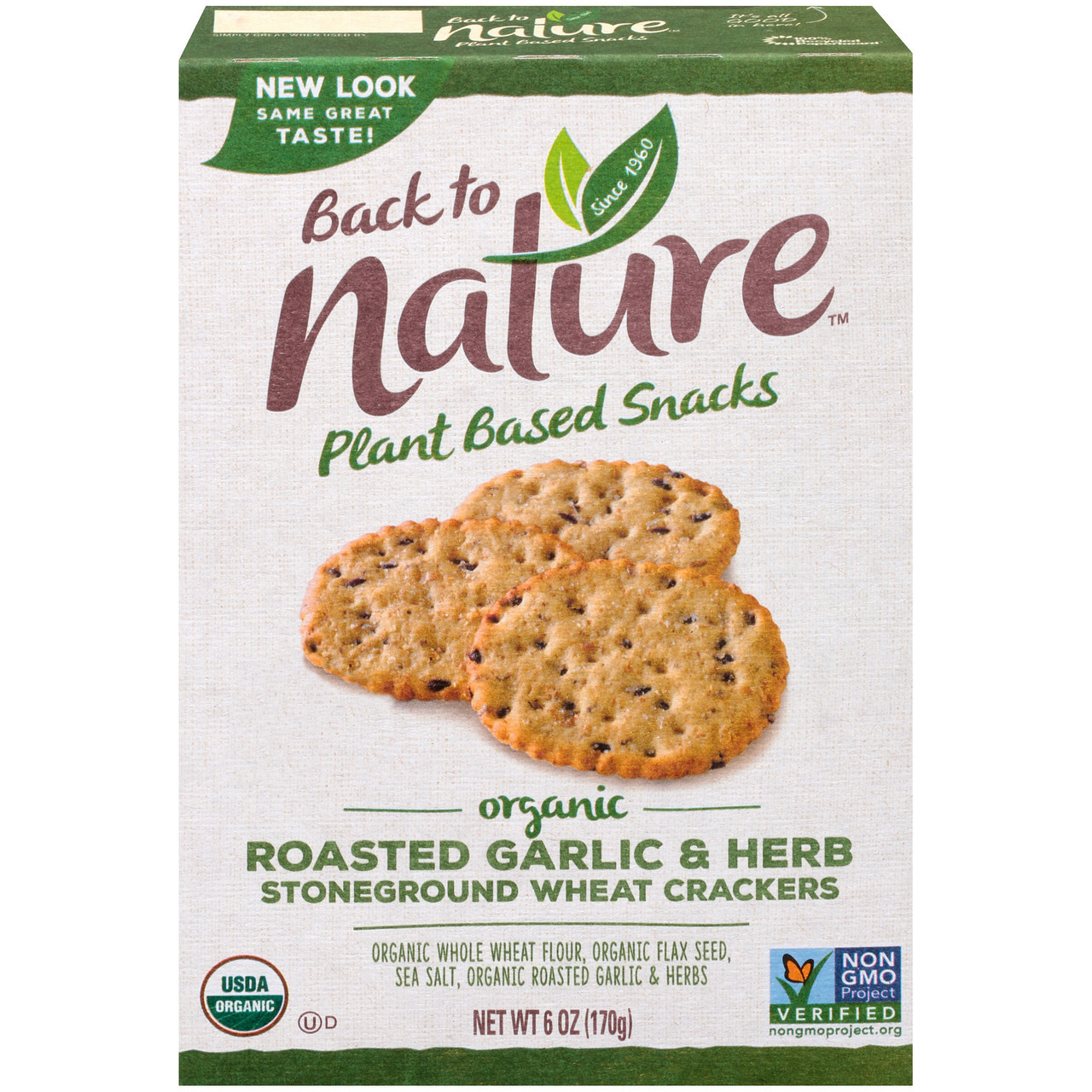 Back To Nature Plant Based Snacks Organic Roasted Garlic & Herb Stoneground Wheat Crackers 6 Oz. Box