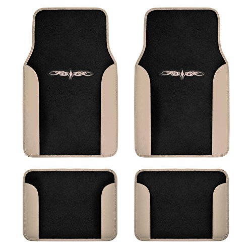 BDK MT-201-BG A Set Of 4 Universal Fit Plush Carpet With Vinyl Trim Floor Mats For Cars/Trucks - Tribal Tan