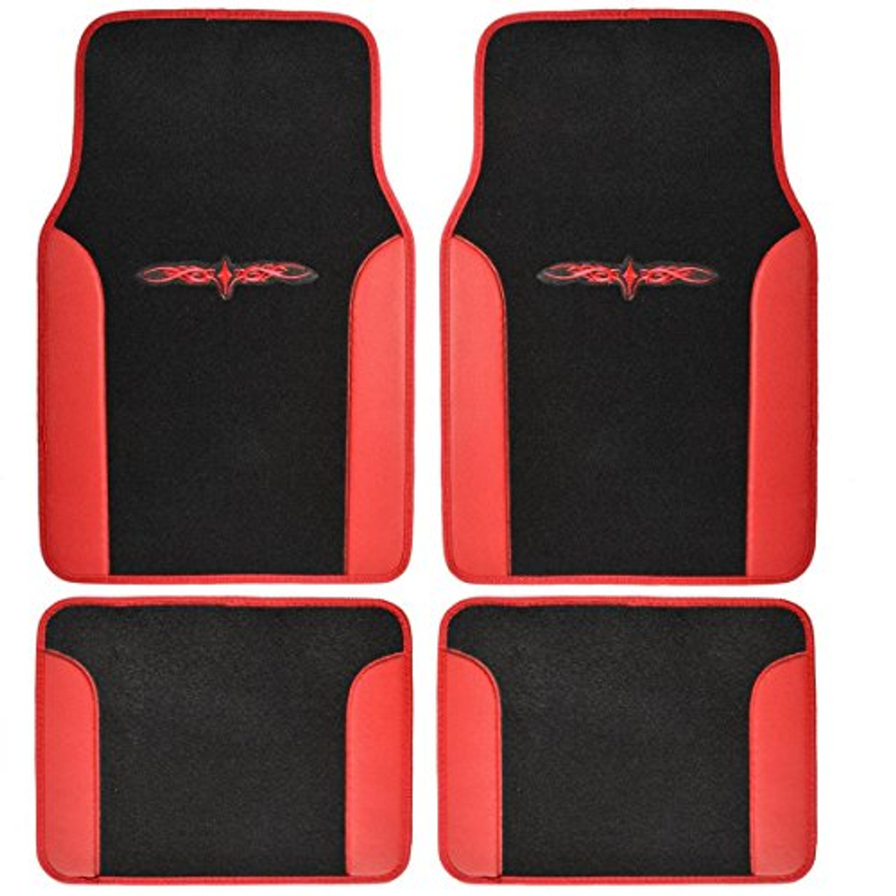 BDK A Set Of 4 Universal Fit Plush Carpet With Vinyl Trim Floor Mats For Cars / Trucks - Tribal Red
