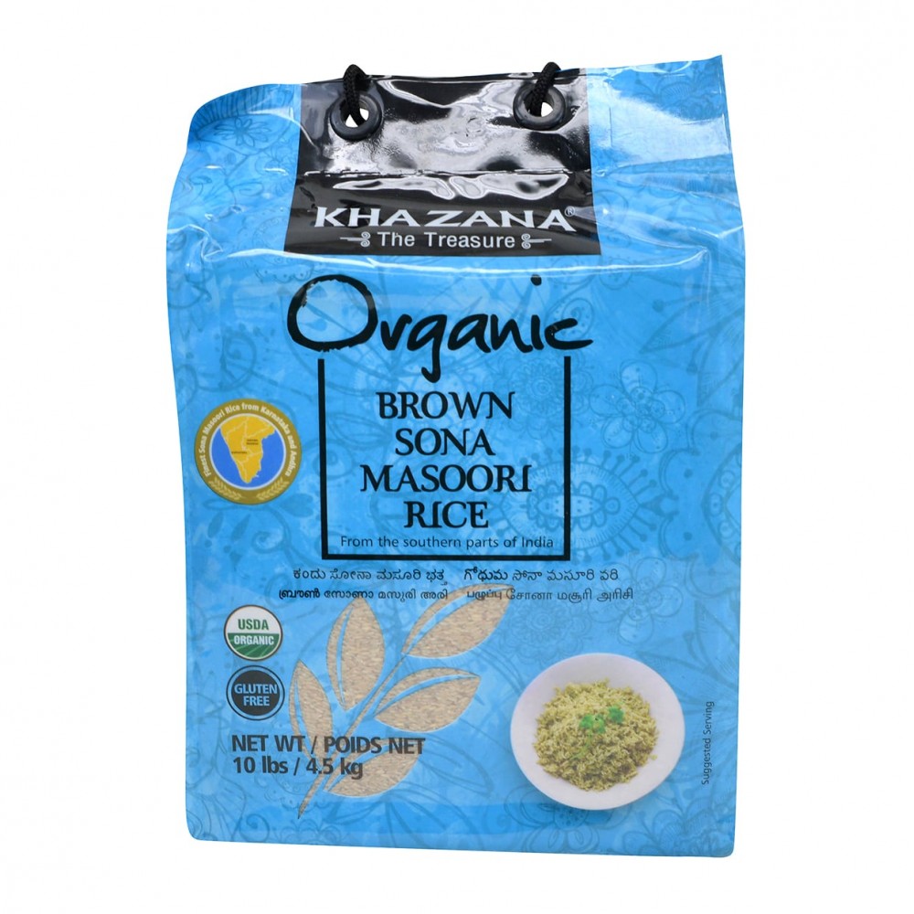 Khazana Organic Brown Sona Masoori Rice - 10 Lb (4.5 Kg)