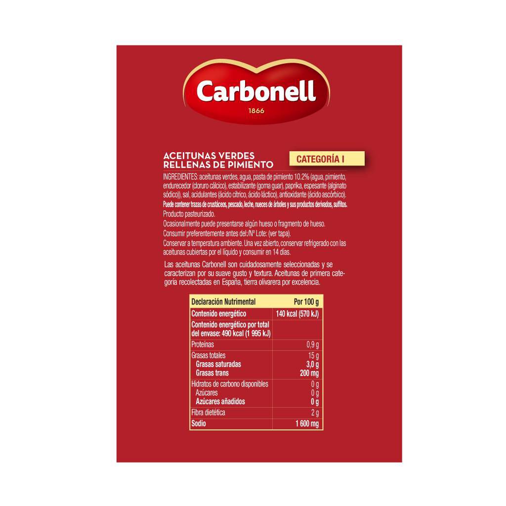 Carbonell Aceitunas Verdes Rellenas Con Pasta De Pimiento 350 G