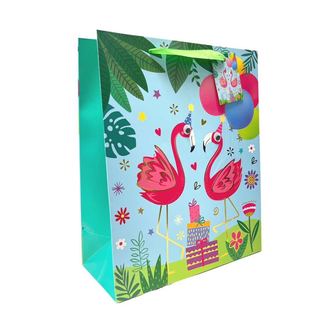 Vivamerica Happy Birthday: Flamingo With Balloons And Party Hats On Blue - Medium