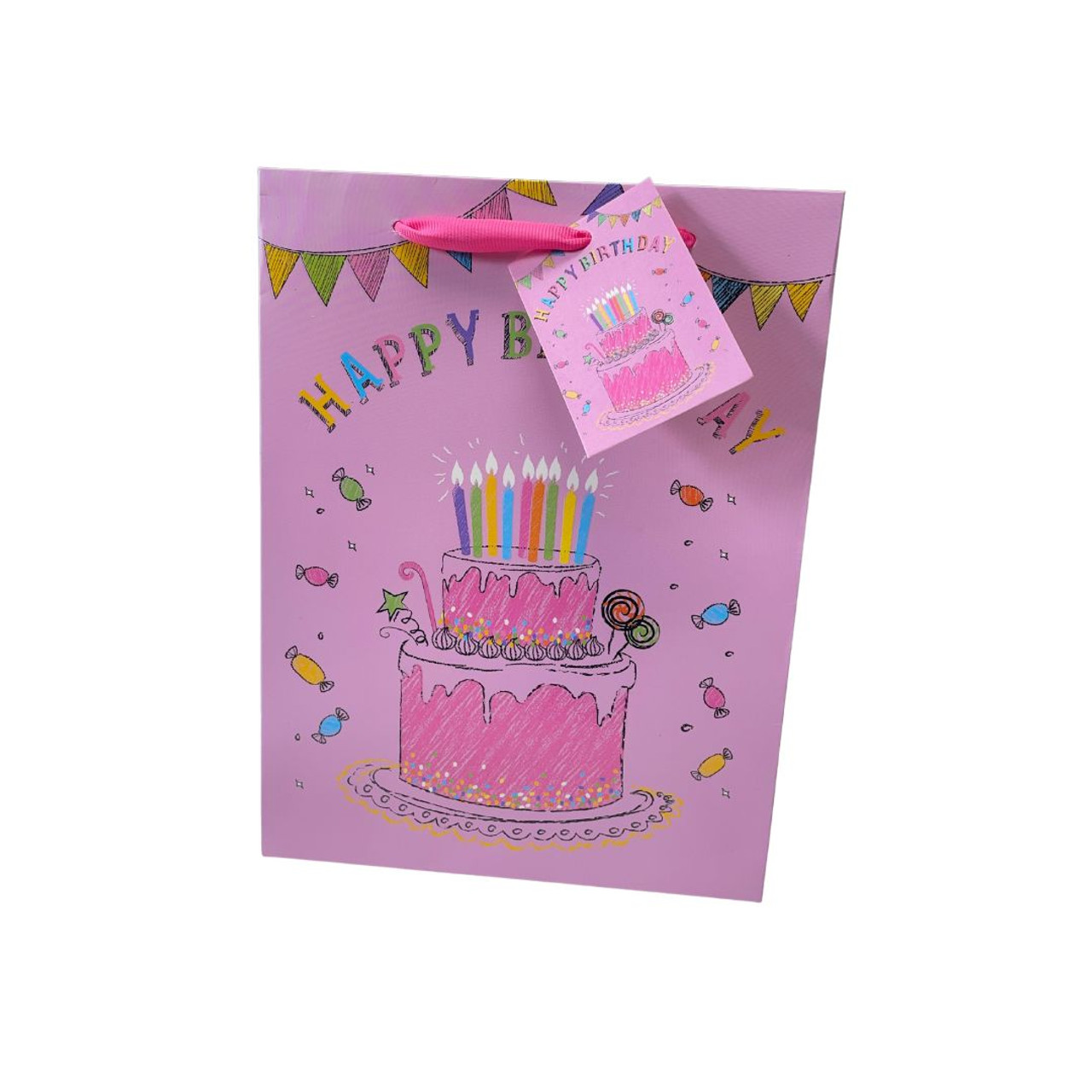 Vivamerica Happy Birthday: Pink Glitter Birthday Cake With Pastel Color On Pink Bag With HBD Text - Small
