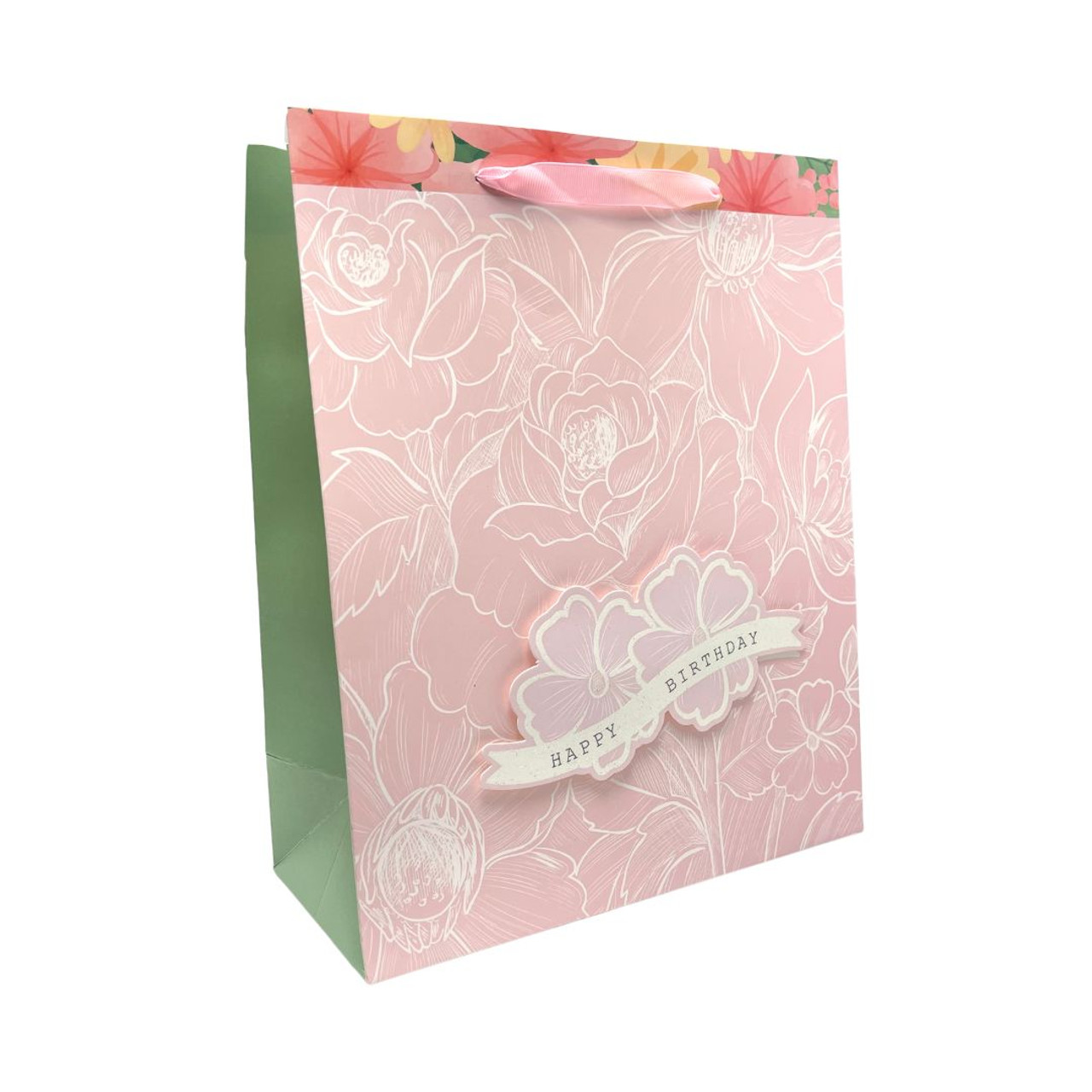 Vivamerica Happy Birthday: White Traced Flowers On Peach Bag - Medium