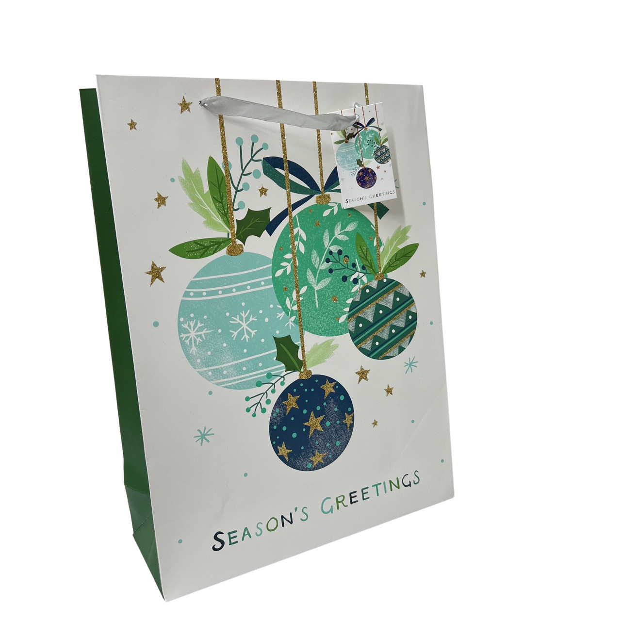 Sol & Feliz Christmas 4 Light Green Ornaments On White