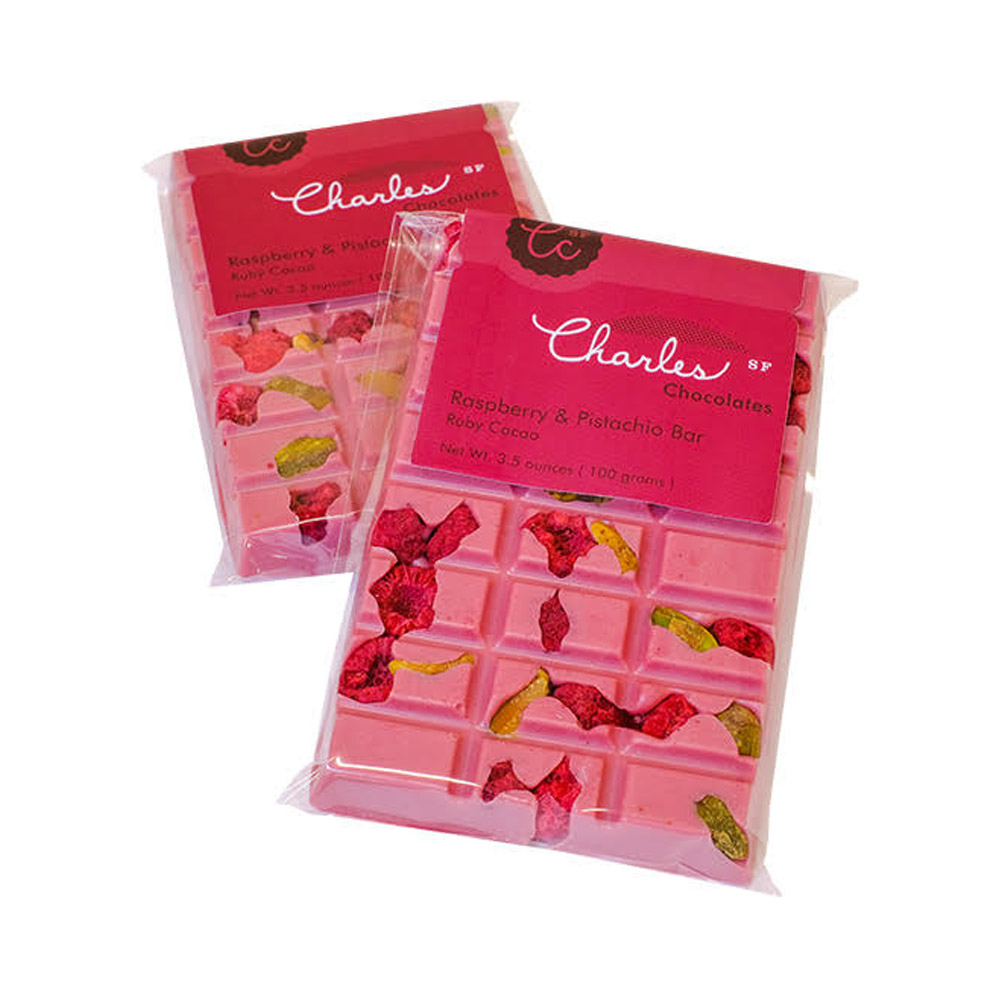 Economy Candy Charles Chocolates – Raspberry & Pistachio Bar – Ruby Chocolate