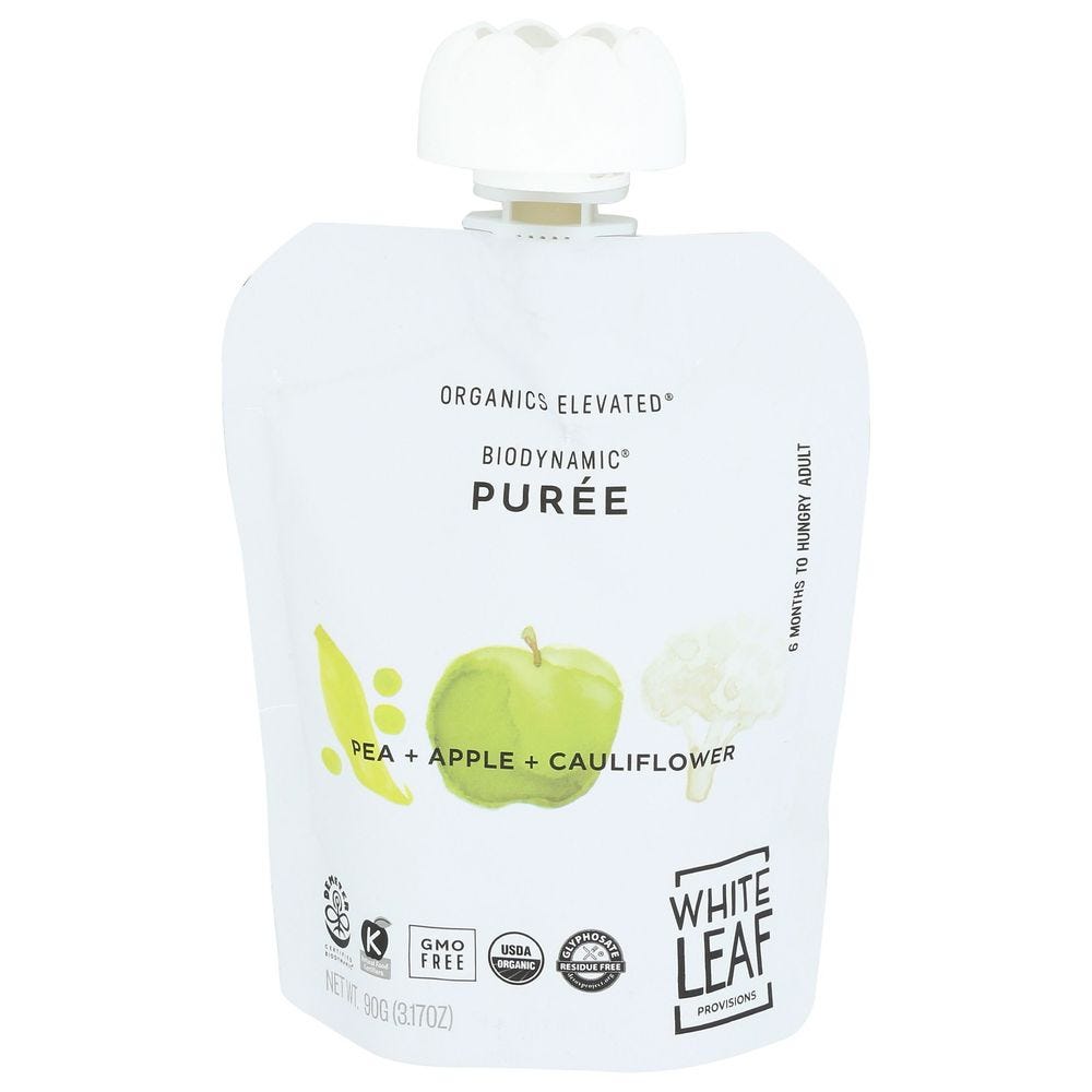 White Leaf Provisions Organic Pea Apple Cauliflower Pureed Baby Food, 3.17 Ounce -- 6 Per Case