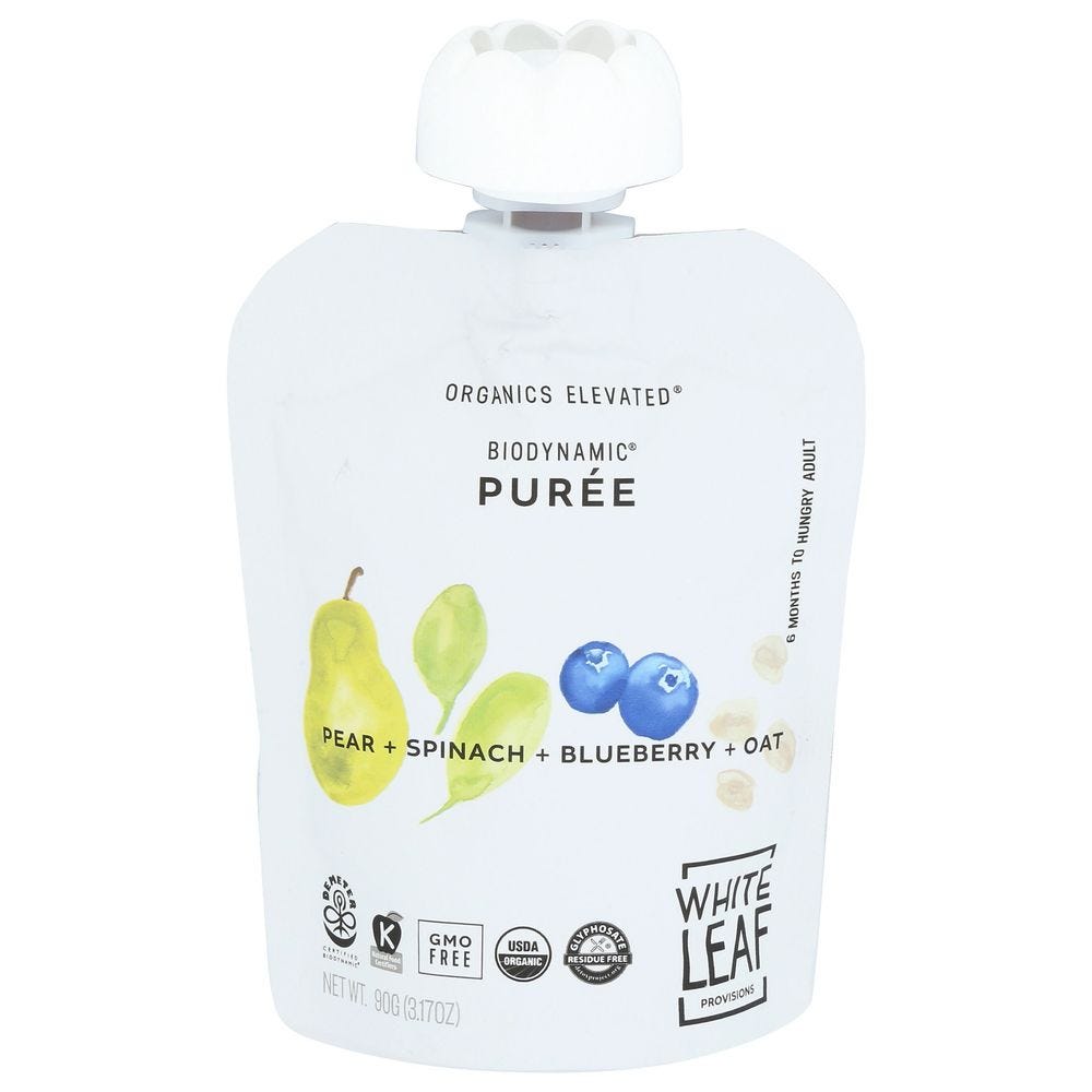 White Leaf Provisions BRAND: NAME: Pear Spinach Blueberry Oat. SIZE: 6/3.17 OZ. DEPT: Grocery. INFO: , 95% Organic, Kosher, .UPC: -Paste UPC Into Search Engine For More Info