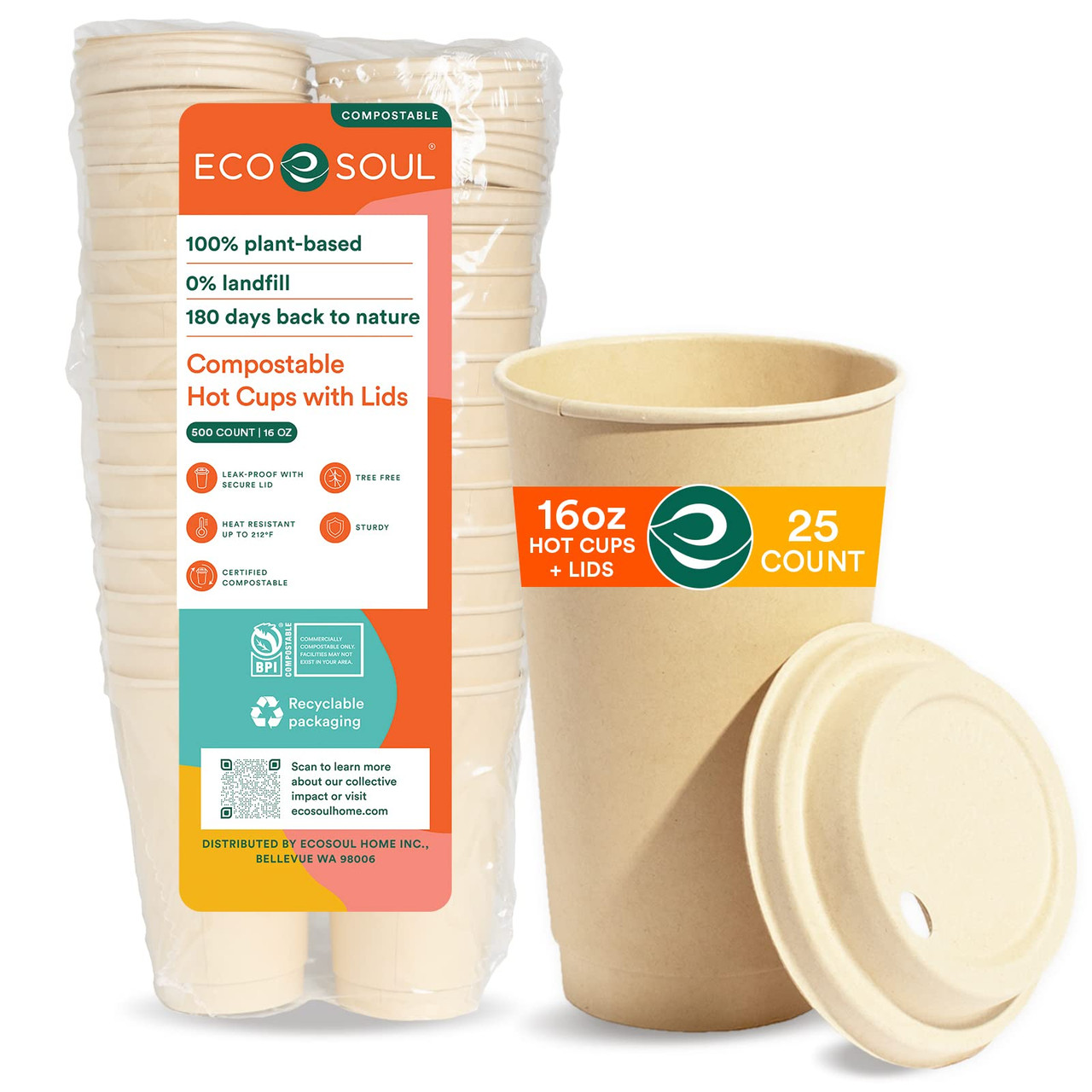 Ecosoul Cups 16 Oz Hot With Lids - Case Of 8