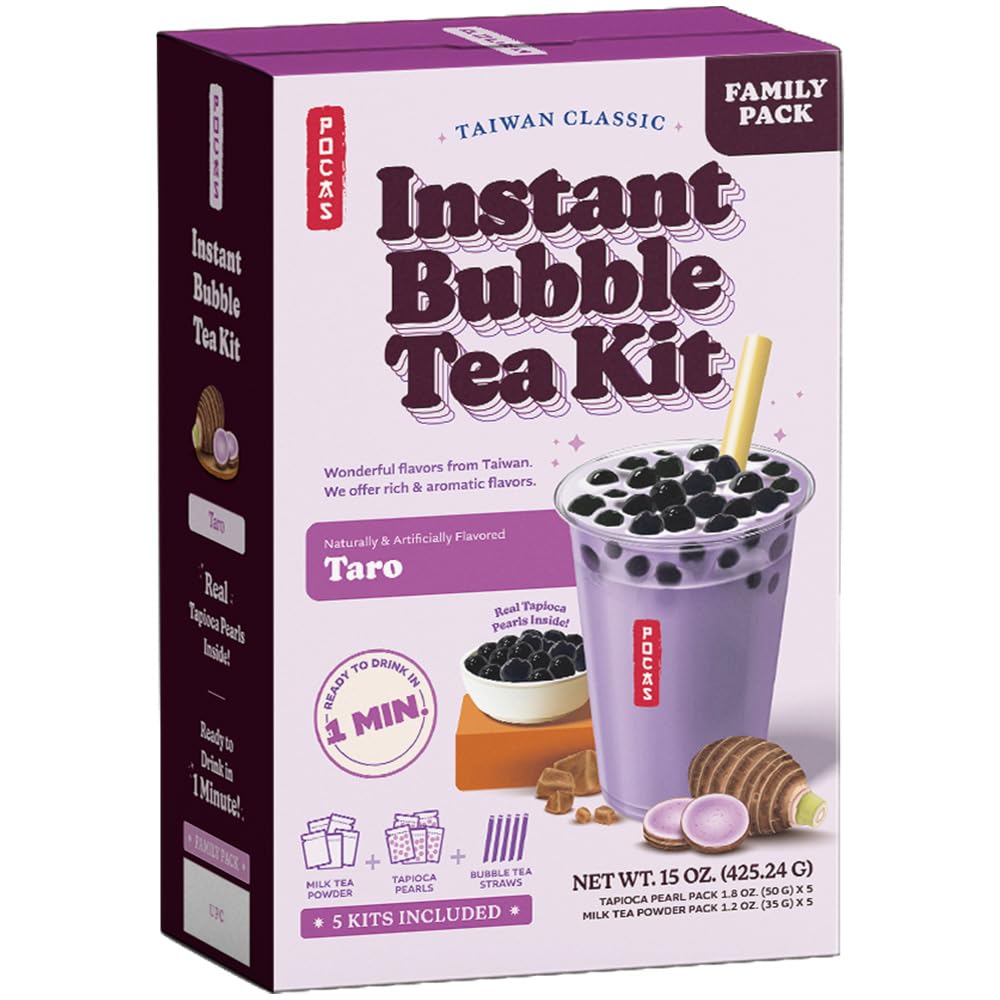 Pocas Bubble Tea Kit Taro - Instant Milk Tea Powder With Authentic Tapioca Pearls For Instant Bubble Tea 5 Kits Per Carton 15 Oz