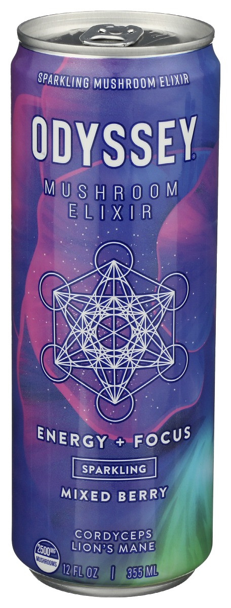 Odyssey Mushroom Elixir, Sparkling, Energy + Focus, Blackberry Lemon Twist 12 Fl Oz