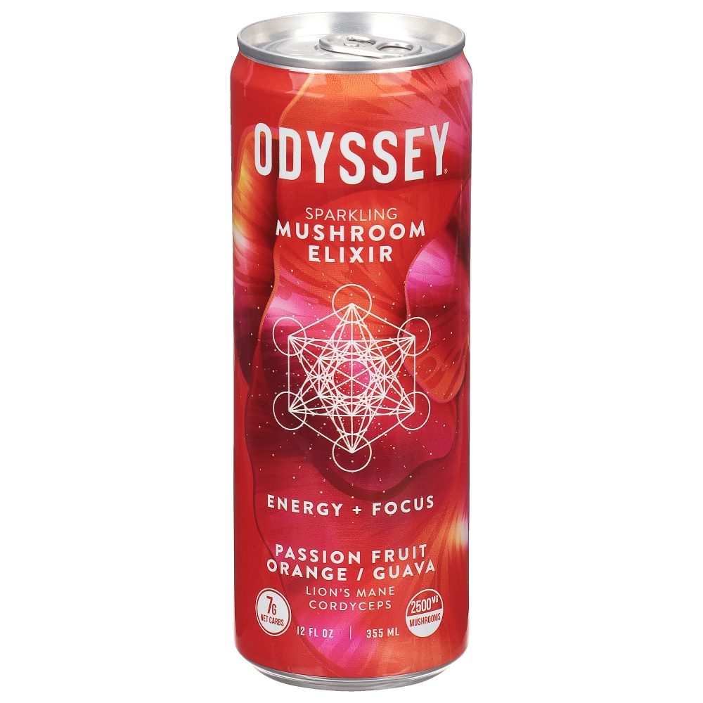 Odyssey Mushroom Elixir, Sparkling, Energy + Focus, Passion Fruit Orange/Guava 12 Fl Oz
