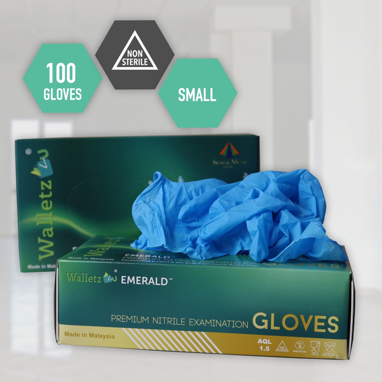Walletz4U EMERALD US Premium Nitrile Exam Gloves Small Powder-Free Latex Free Natural Rubber Free Single Use Non-Sterile Beaded Cuff Box/100 Small/S