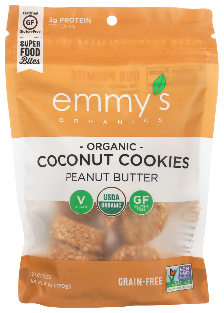 Emmy's Organics Organic Coconut Cookies - Peanut Butter - Case Of 8 - 6 Oz