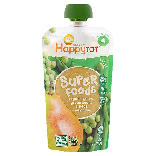 HappyTot Organics Fruit & Veggie Blend, Organic Pears, Green Beans, Peas & Chia, Super Foods, 4