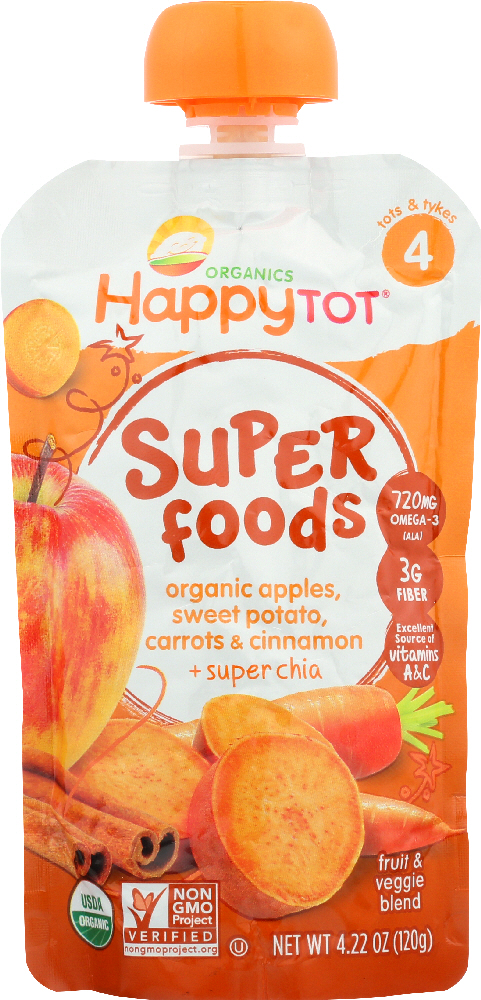 HappyTot Fruit & Veggie Blend, Organic Apples, Sweet Potato, Carrots, Cinnamon & Chia, Super Foods, 4 (2+ Years) 4.22 Oz