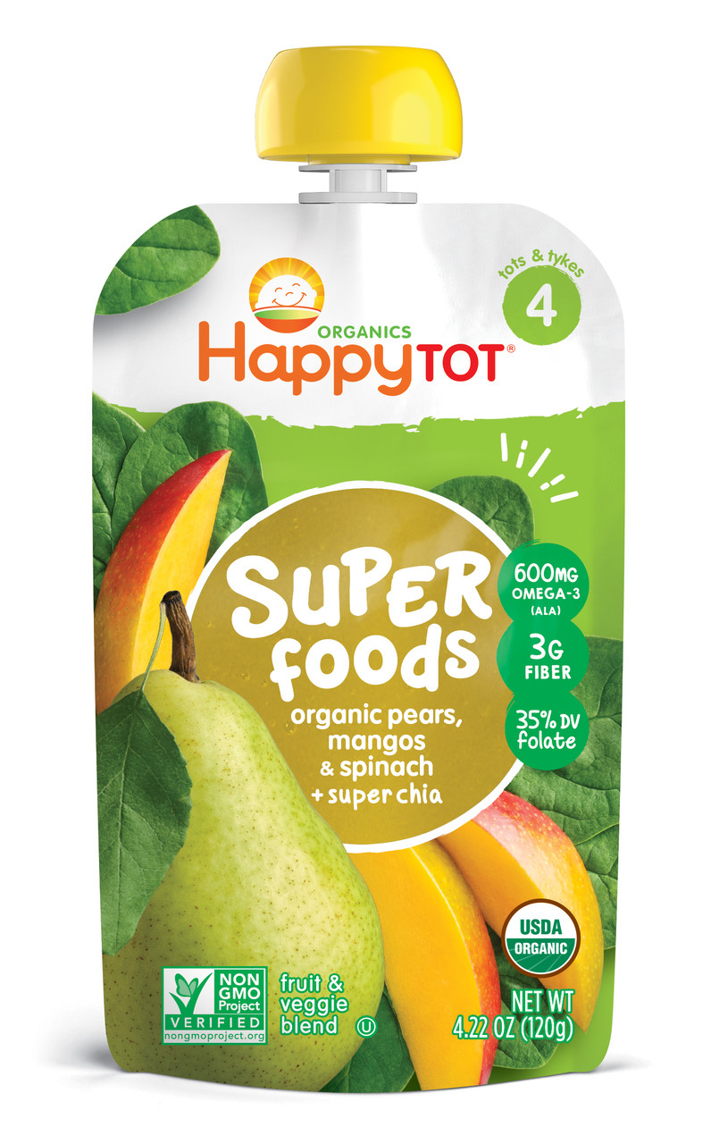 HappyTot Organics Super Foods Fruit & Veggie Blend, Organic Pears, Mangos & Spinach + Superchia, 4 (Tots & Tykes)