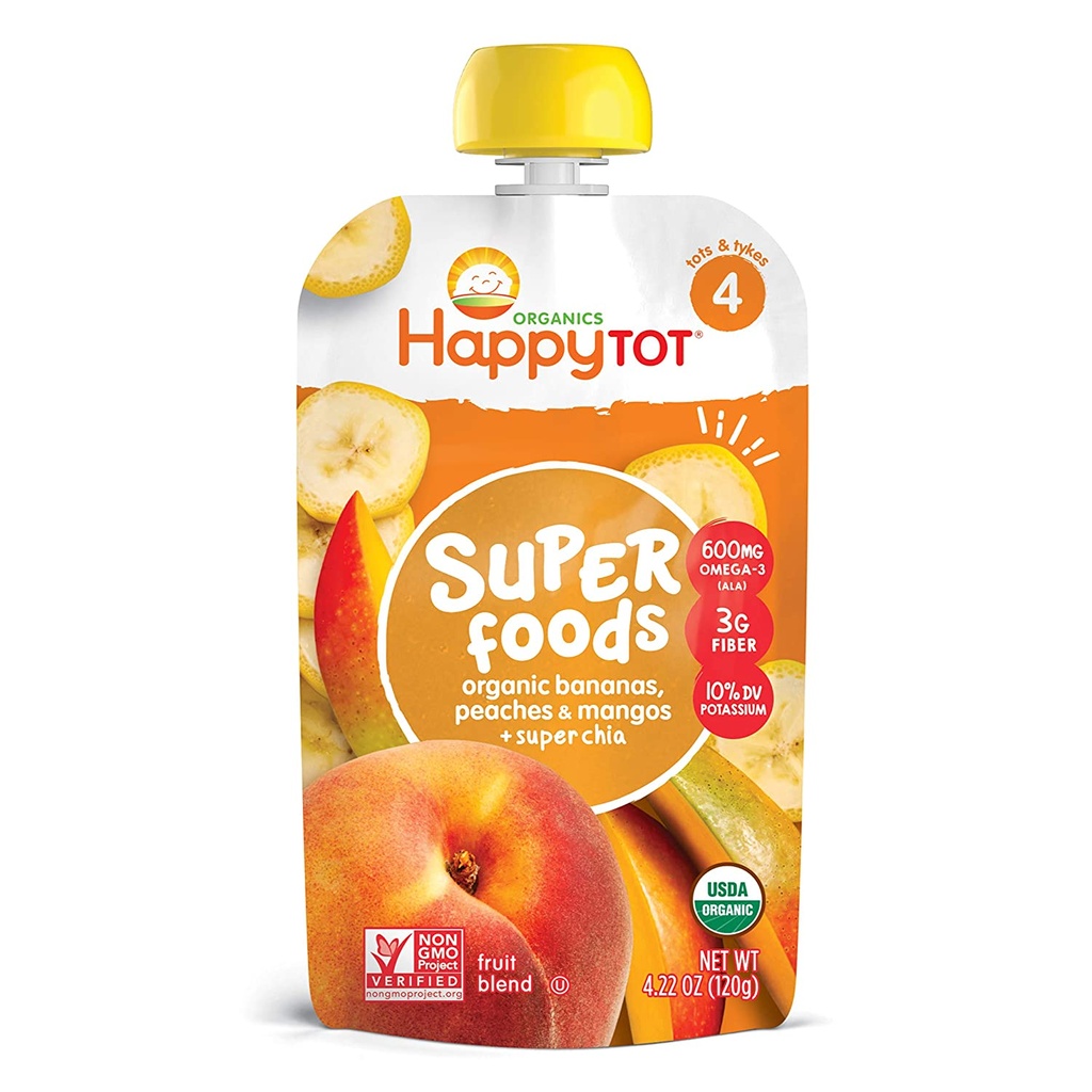 Happy Tot Fruit & Veggie Blend, Organic Bananas, Peaches, Mangos & Chia, Super Foods, 4 (For 2+ Years) 4.22 Oz