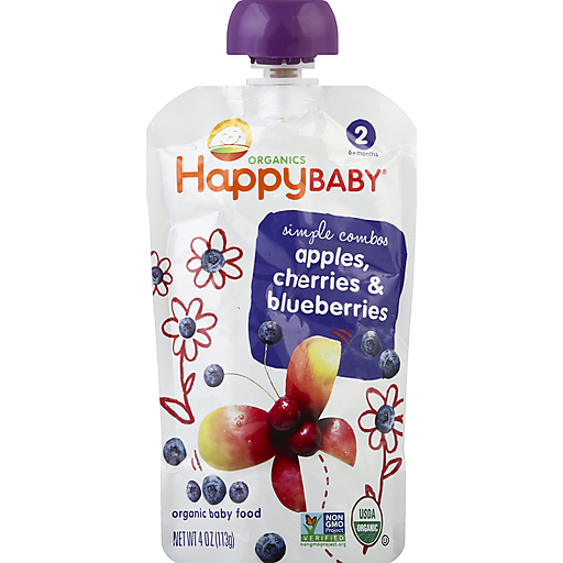 Happy Baby Organic Food Stage 2 Apples Cherries & Blueberries 6+ Months, 4 Oz
