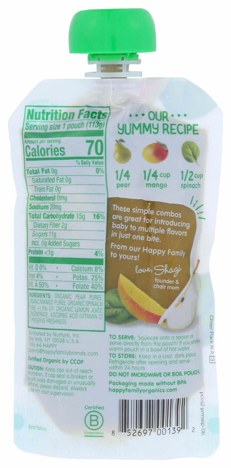 HappyBaby Organic Food Stage 2 Spinach Mangos & Pears 6+ Months, 3.5 Oz