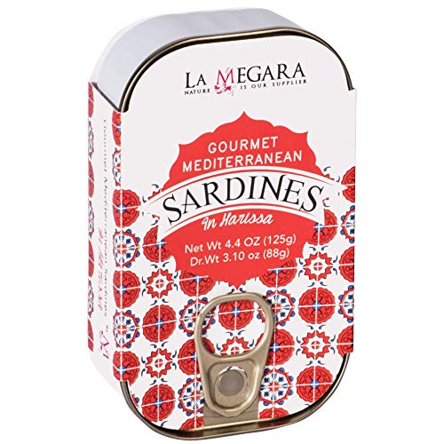 La Megara Gourmet Mediterranean Sardines In Harissa, Metallic Can 4.4 Oz, Wild Caught, Spicy Flavor, Healthy Snack, Keto & Paleo Friendly