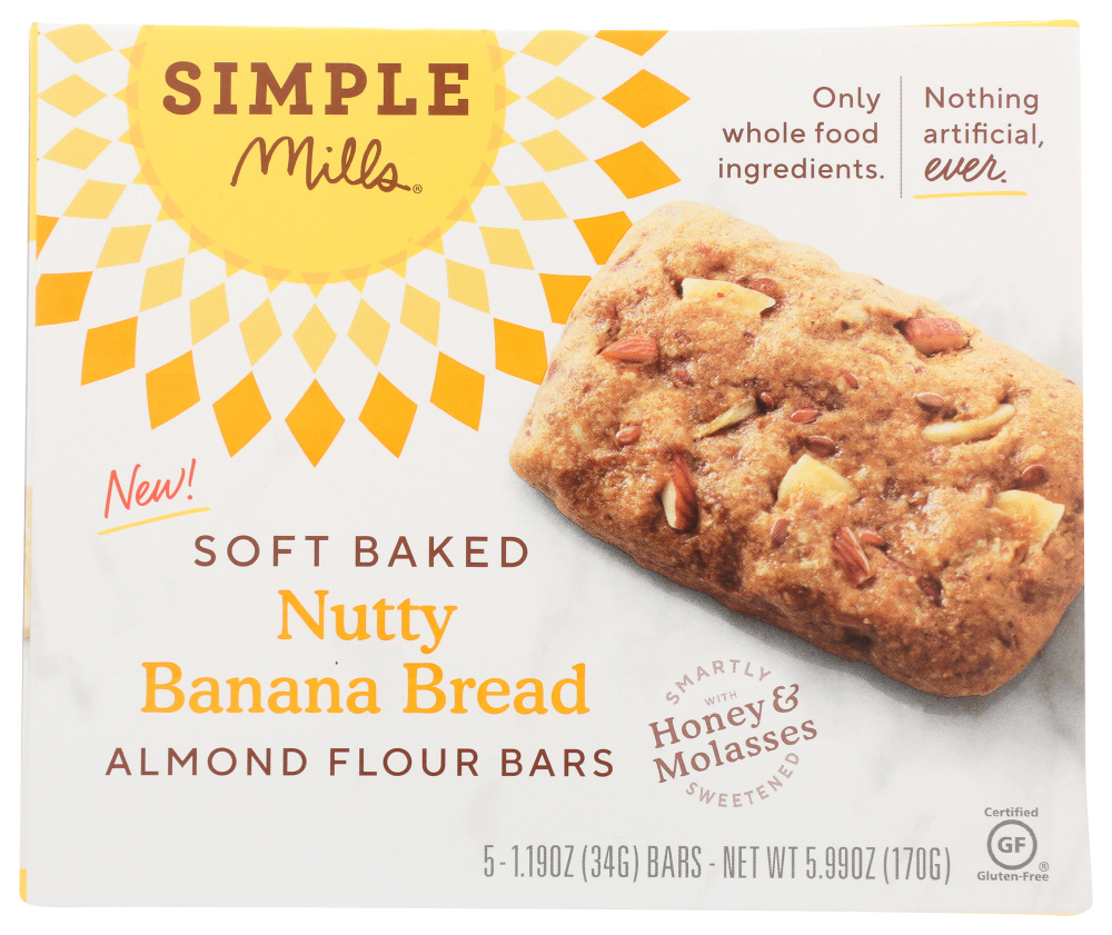Simple Mills Nutty Banana Bread Soft Baked Almond Flour Bars, 5.99 Oz