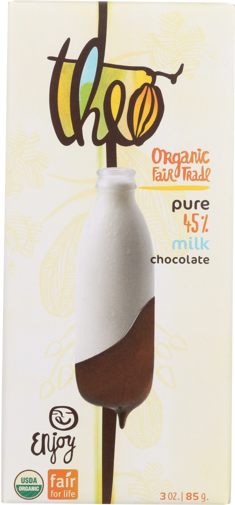 Theo Organic Fair Trade Pure 45% Milk Chocolate, 3 Oz