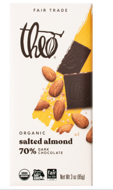 Theo Organic Fair Trade Salted Almond 70% Dark Chocolate Bar