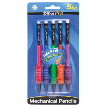 Office Pro Mechanical Pencils Soft Comfort Grip Refillable Assorted Colors 5pc With Refill